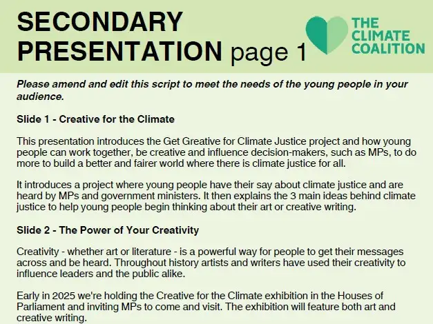 Get creative for climate secondary presentation script